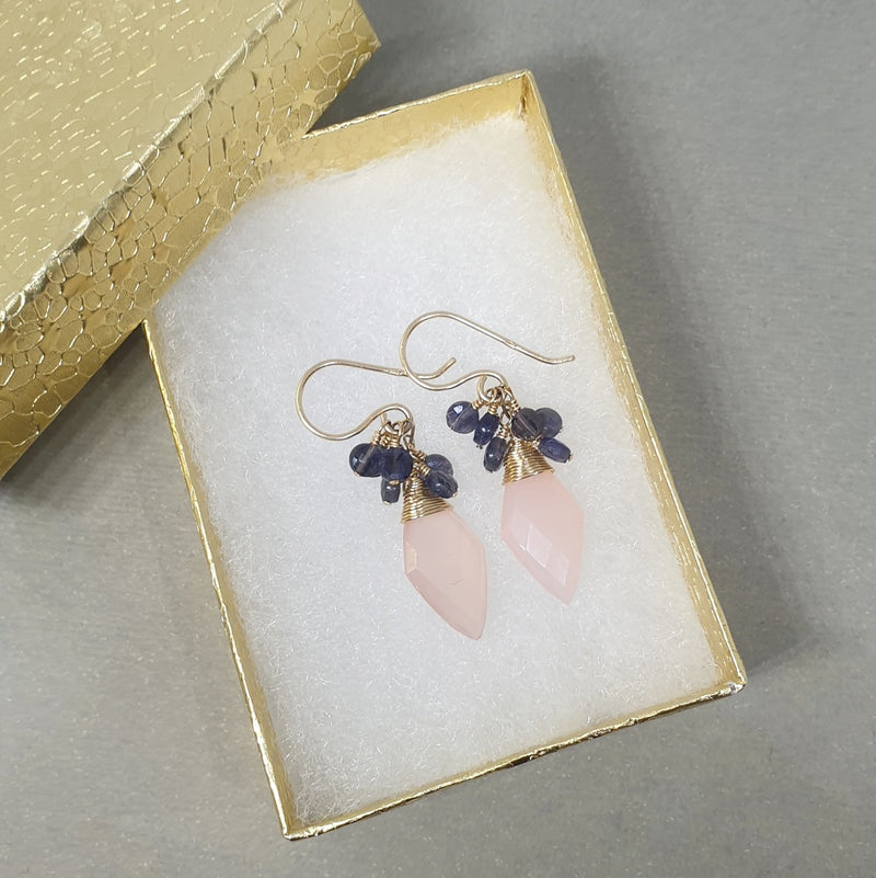 Pink Chalcedony and Iolite Cluster Earrings in Gold