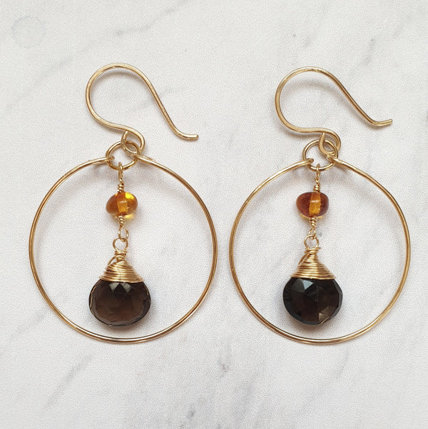 Smoky Quartz Hoop Earrings - Bijoux By Anne - buy gold filled gemstone earrings online