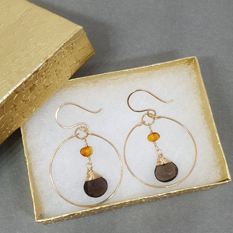 Smoky Quartz Hoop Earrings - Bijoux By Anne - buy gemstone gold earrings online