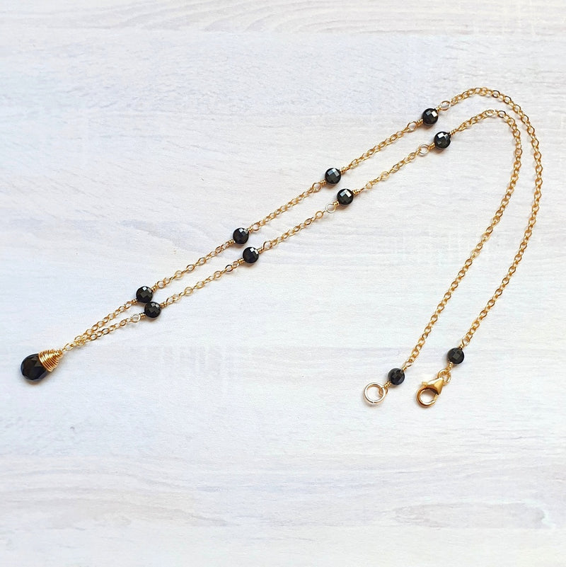 Black Spinel Pendant Station Gold Necklace - Bijoux by Anne