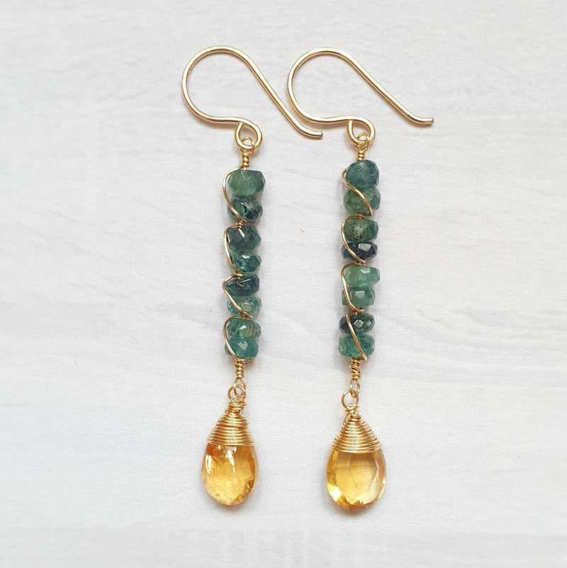Blue Tourmaline and Citrine Gold Earrings - Bijoux by Anne