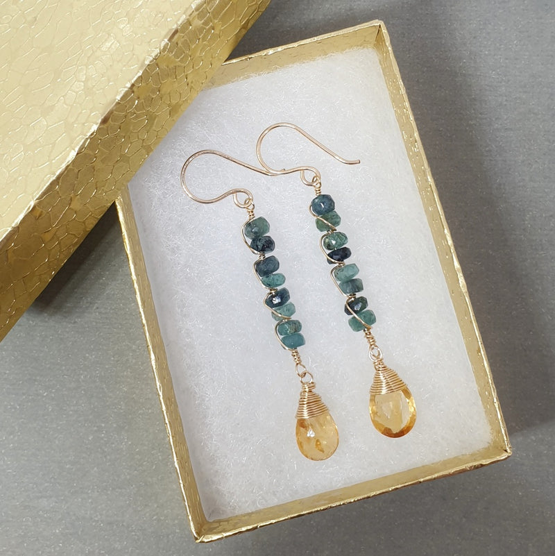 Blue Tourmaline and Citrine Gold Earrings - Bijoux by Anne