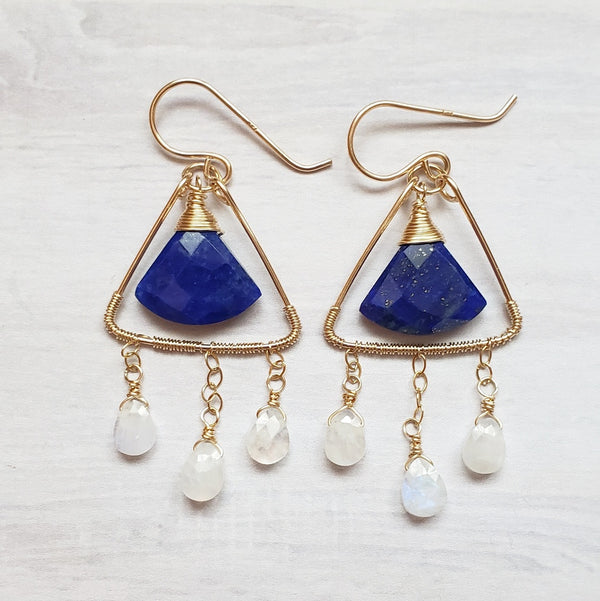 Dainty Boho Lapis and Moonstone Earrings in Gold