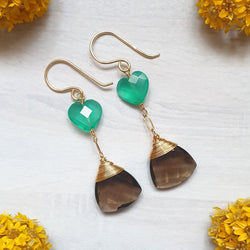 Green Onyx and Smoky Quartz Gold Earrings - Bijoux by Anne