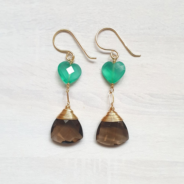 Green Onyx and Smoky Quartz Gold Earrings - Bijoux by Anne