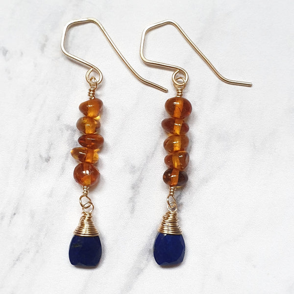 Lapis Lazuli and Amber Earrings in 14K Gold - Bijoux By Anne