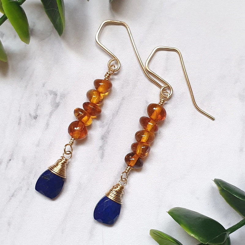 Lapis Lazuli and Amber Earrings in 14K Gold
