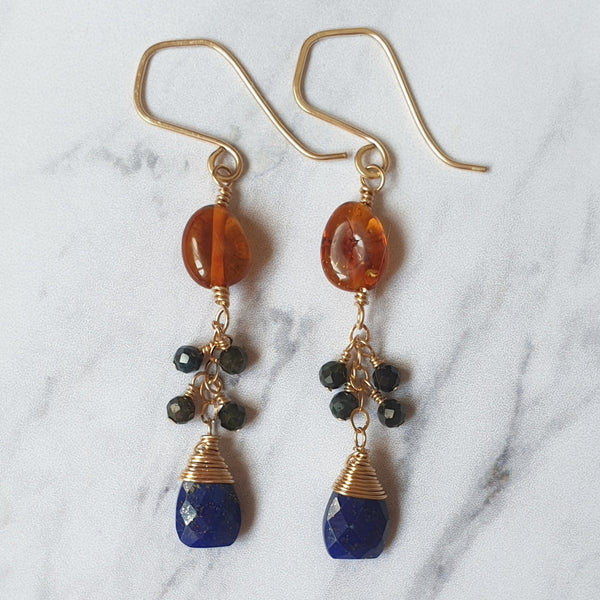 Amber and Lapis Lazuli Chain Earrings - Bijoux By Anne - buy gold filled gemstone earrings online