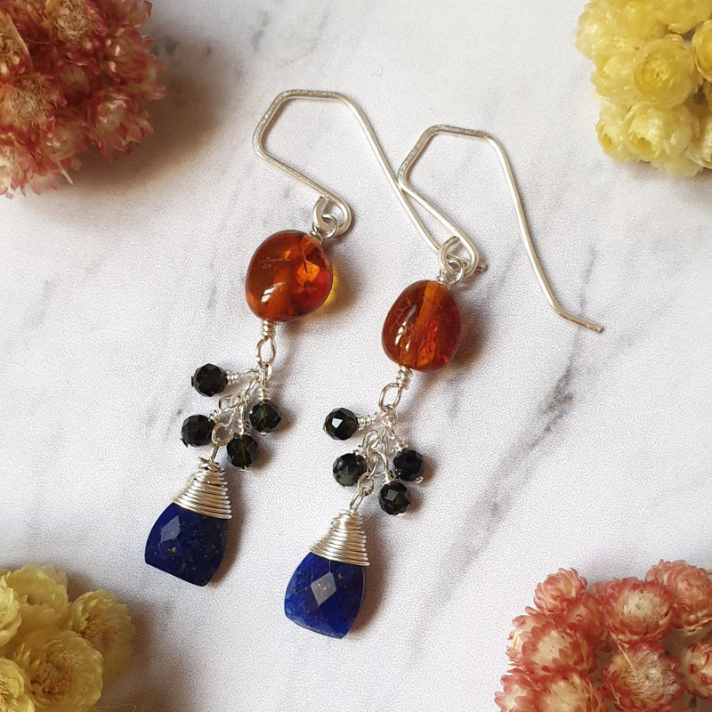 Lapis Lazuli and Amber Silver Chain Earrings - Bijoux By Anne