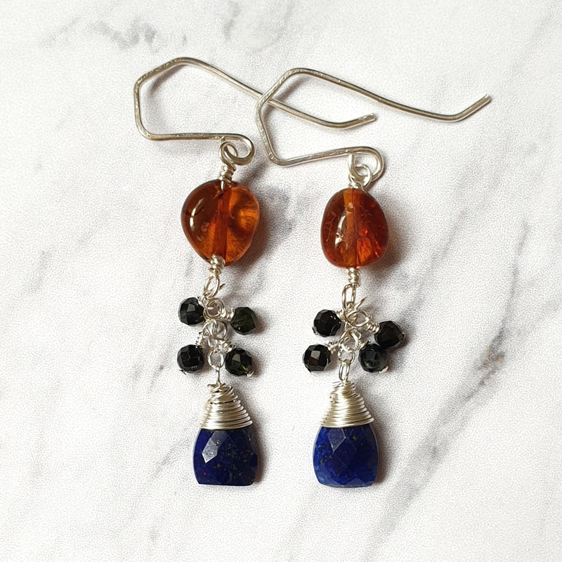 Buy Lapis Lazuli and Amber Silver Chain Earrings - Bijoux By Anne