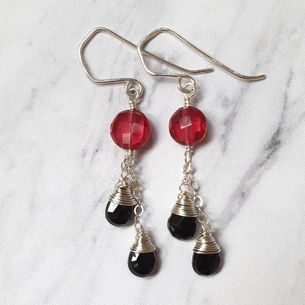 Red Quartz and Black Spinel Chain Earrings