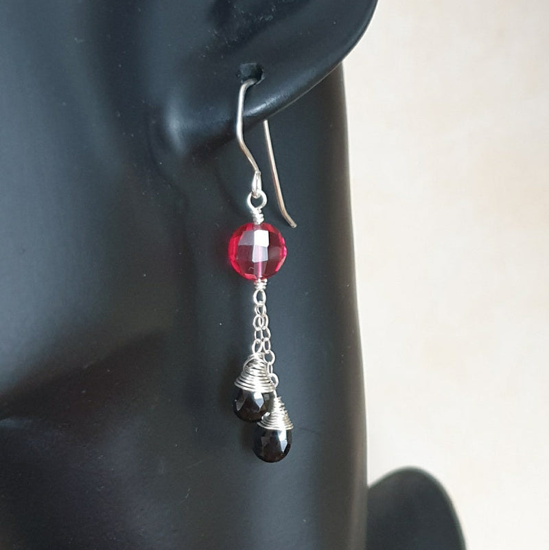 Red Quartz and Black Spinel Chain Earrings