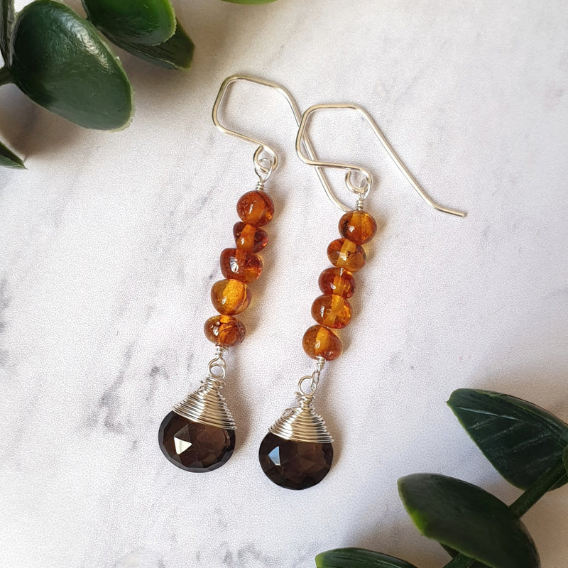 Smoky Quartz and Amber Earrings - Bijoux By Anne
