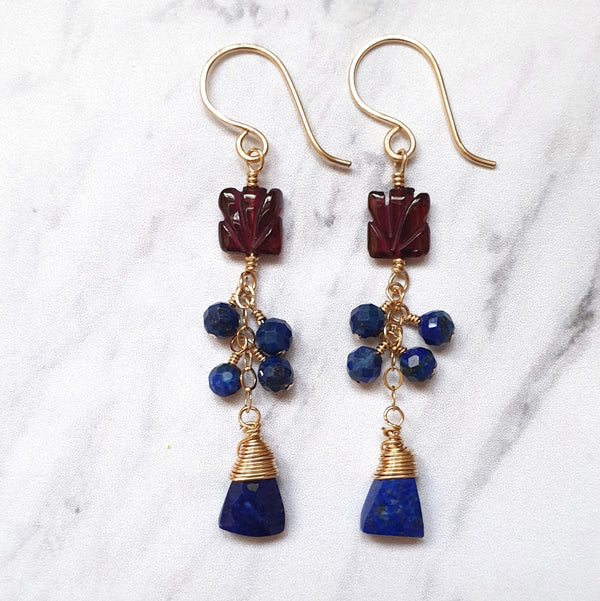 Elegant Lapis and Garnet Chain Earrings - Bijoux By Anne - buy gold filled gemstone earrings online