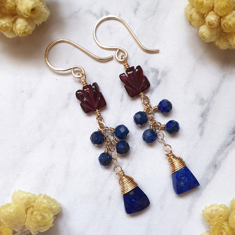 Elegant Lapis and Garnet Chain Earrings - Bijoux By Anne