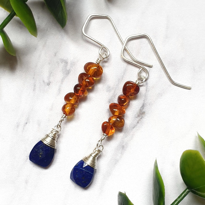 Lapis Lazuli and Amber Silver Earrings - Bijoux By Anne