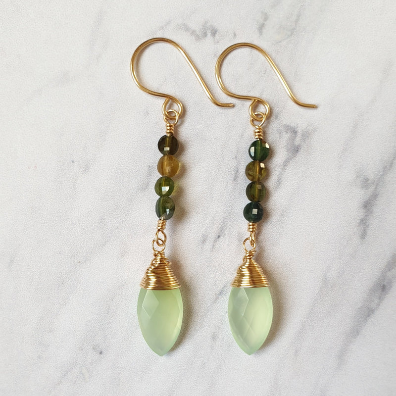 Green Chalcedony and Tourmaline Gold Earrings - Bijoux By Anne - buy gold filled gemstone earrings online