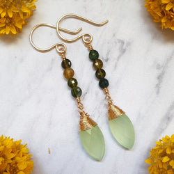 Green Chalcedony and Tourmaline Gold Earrings - Bijoux By Anne
