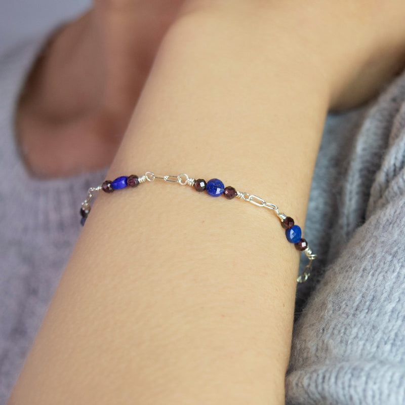 Lapis Lazuli + Garnet Silver Bracelet - buy silver stone bracelet online - Bijoux By Anne