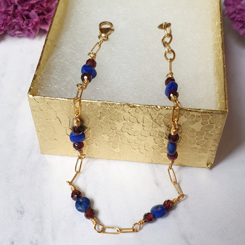 Lapis Lazuli + Garnet Gold Bracelet - buy gemstone gold bracelet online - Bijoux By Anne