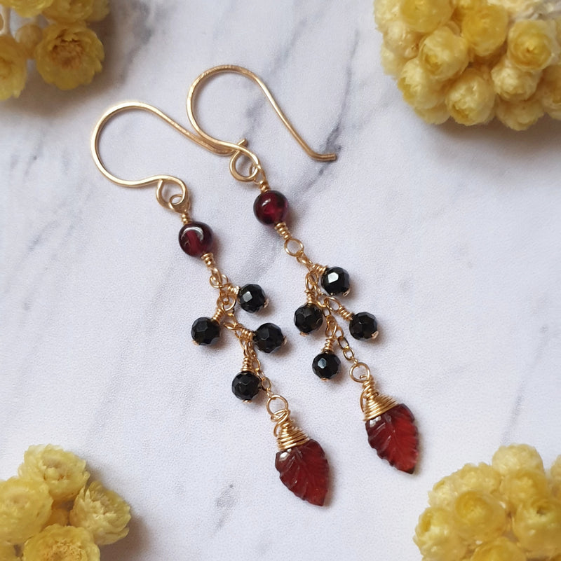 Leaf Garnet and Spinel Gold Earrings - Bijoux By Anne