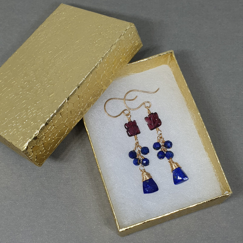 Elegant Lapis and Garnet Chain Earrings - Bijoux By Anne - buy gemstone gold earrings online