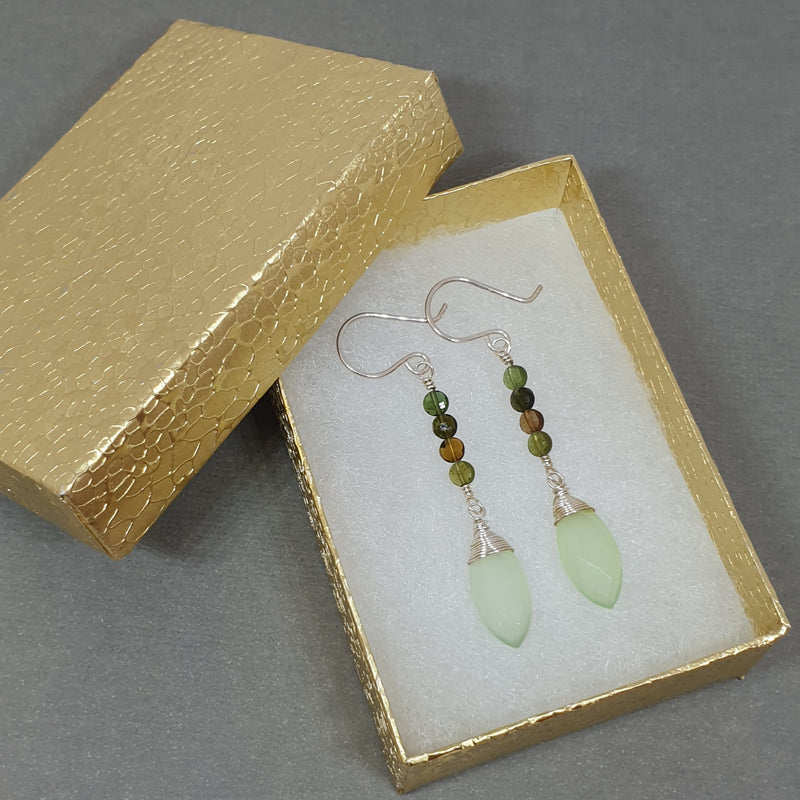 Green Chalcedony and Tourmaline Silver Earrings - Bijoux by Anne