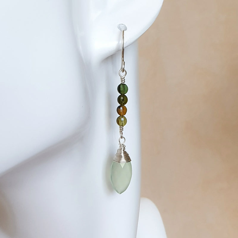 Green Chalcedony and Tourmaline Silver Earrings - Bijoux by Anne