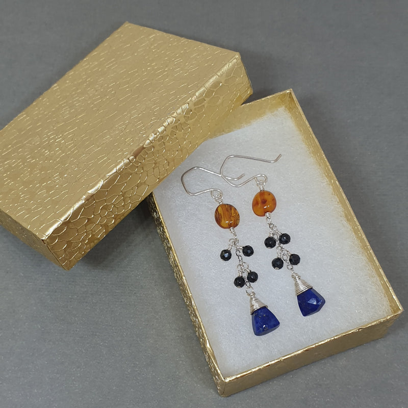 Order Lapis Lazuli and Amber Silver Chain Earrings - Bijoux By Anne