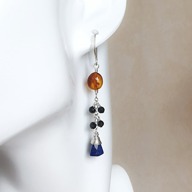 Shop Lapis Lazuli and Amber Silver Chain Earrings - Bijoux By Anne