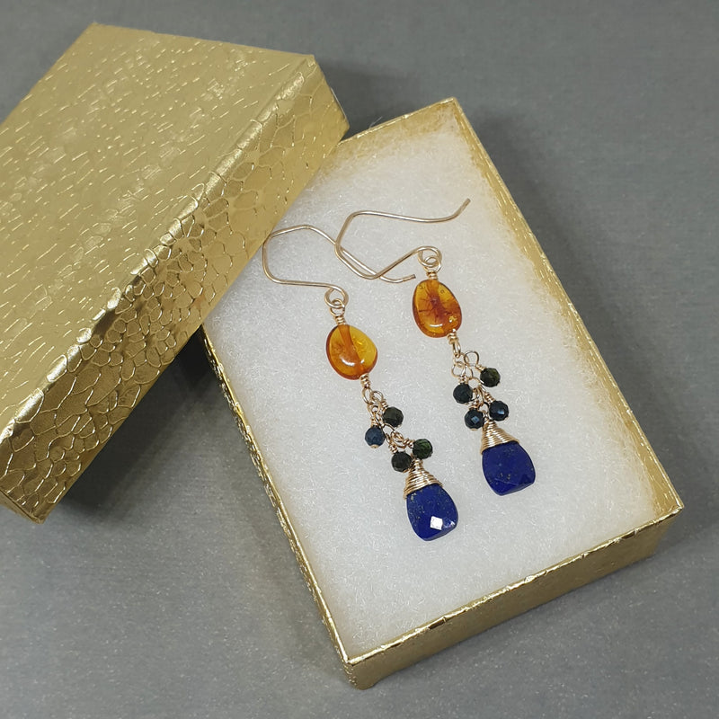Amber and Lapis Lazuli Chain Earrings - Bijoux By Anne - buy gemstone gold earrings online