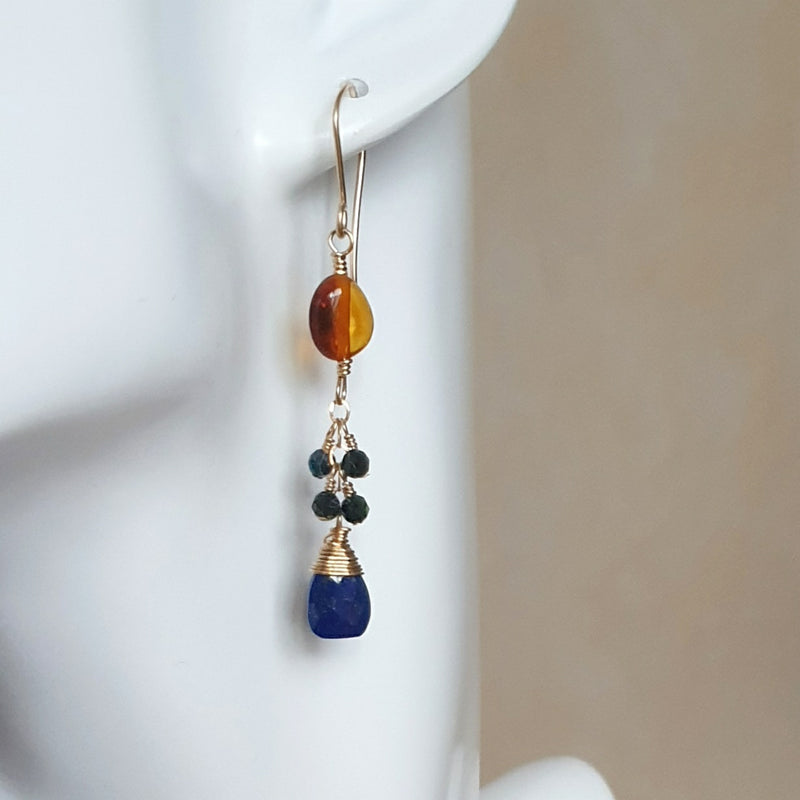 Amber and Lapis Lazuli Chain Earrings - Bijoux By Anne - buy stone earrings online