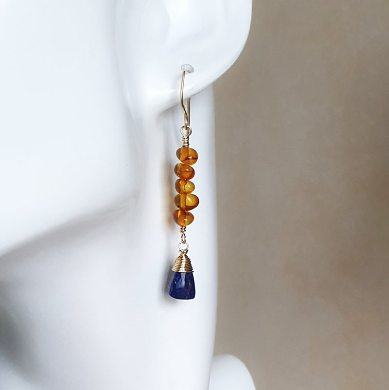 Lapis Lazuli and Amber Earrings in 14K Gold - Bijoux By Anne - Buy Gold Filled Gemstone Earrings Online
