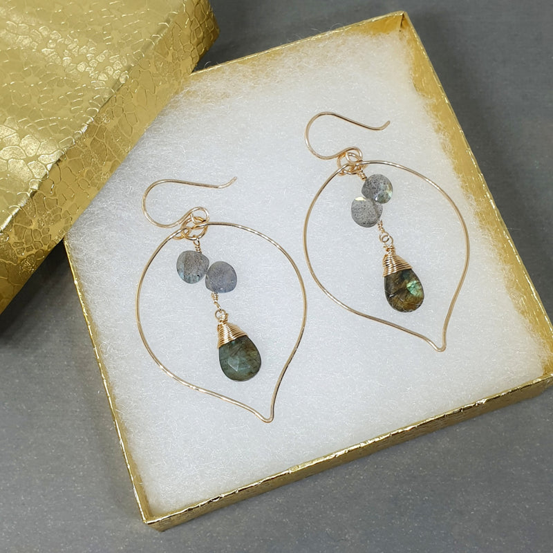 Labradorite Leaf Earrings - Bijoux By Anne - buy gemstone gold earrings online