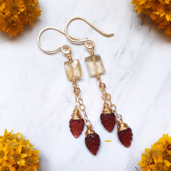 Garnet and Citrine Gold Chain Earrings - Bijoux By Anne