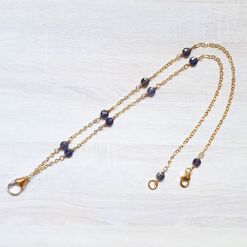 Iolite & Rock Crystal Raindrop Bead 14K Gold Necklace, 40cm - Bijoux By Anne