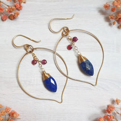 Boucles d'Oreilles Feuilles en or 14K ornées de Lapis Lazuli et Tourmaline