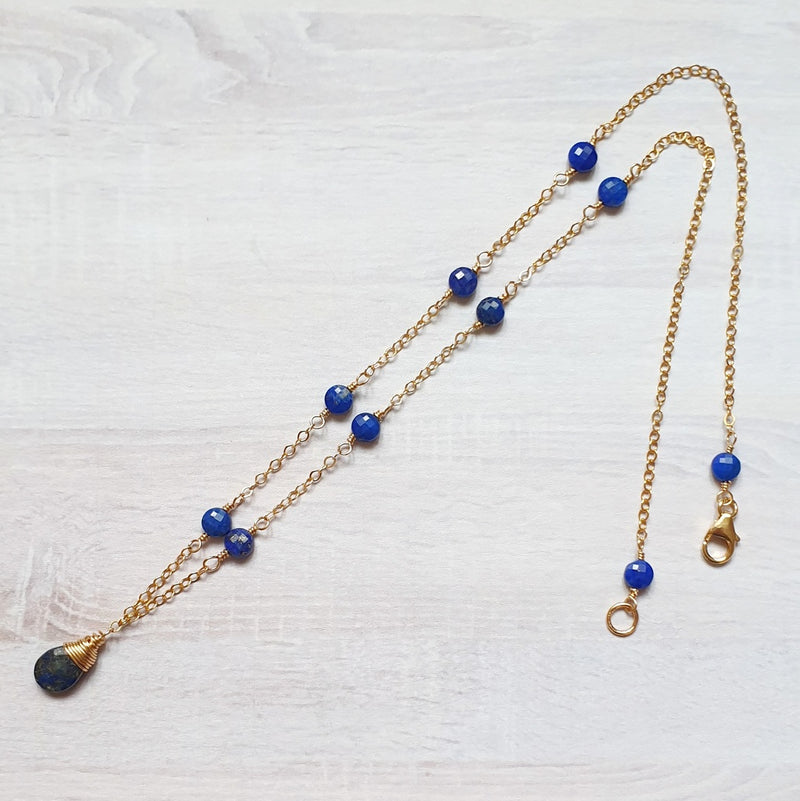 Lapis Lazuli Pendant Station 14K Gold Necklace, 40cm