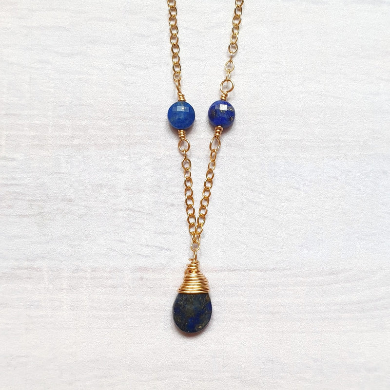 Lapis Lazuli Pendant Station 14K Gold Necklace, 40cm
