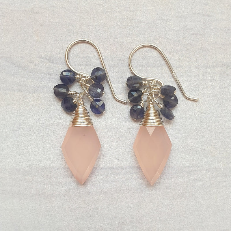 Pink Chalcedony and Iolite Cluster Earrings in Silver