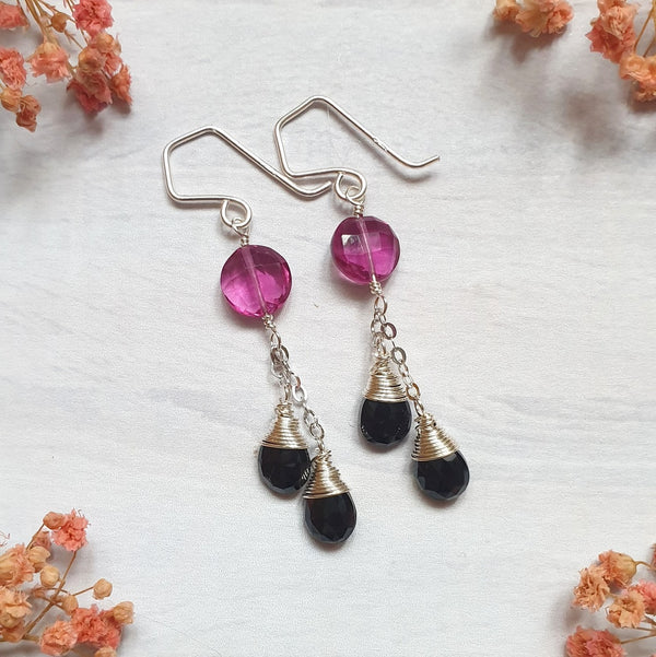 Buy Pink Quartz and Black Spinel Chain Earrings - Bijoux By Anne