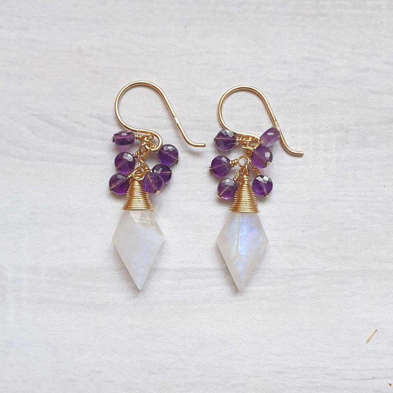 Rainbow Moonstone and Amethyst Cluster Earrings in Gold
