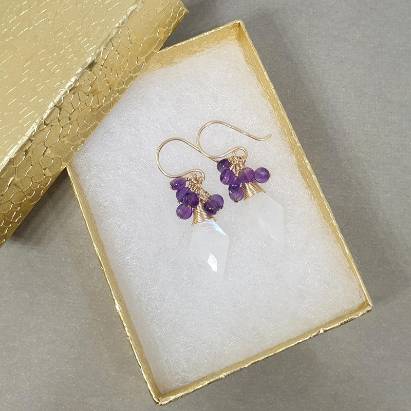 Rainbow Moonstone and Amethyst Cluster Earrings in Gold